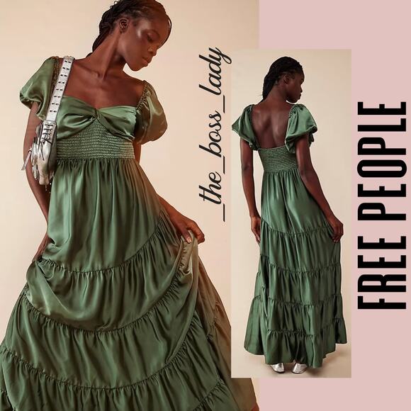 Free People maxi dress tiered halter ruffled pleated smock satin green Medium - Picture 1 of 14